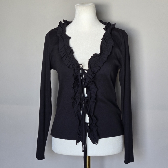 Nation LTD Fanny Ruffle Black Tie-Front Long Sleeve Ribbed Top Jet Black Size L - Picture 2 of 8